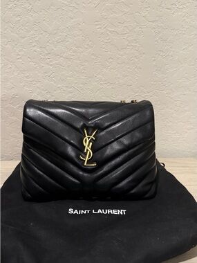 Saint Laurent Black Chevron Quilted Shoulder Bag with Gold YSL